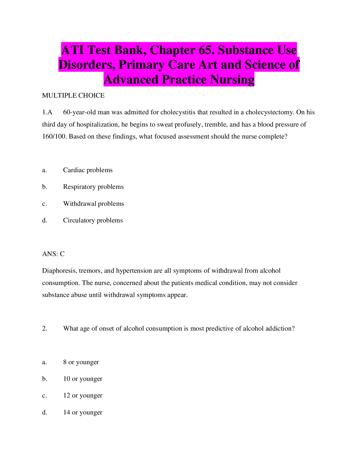 Preview image for ATI Test Bank, Chapter 65. Substance Use Disorders, Primary Care Art and Science of Advanced Practice Nursing